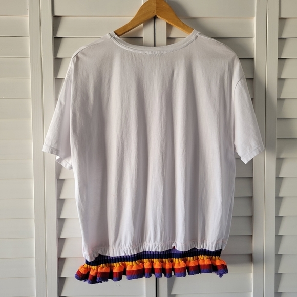 𝅺ZARA White With Rainbow Knit Hem Crew-neck Short-sleeves Cotton T-shirt Size L - Picture 5 of 9